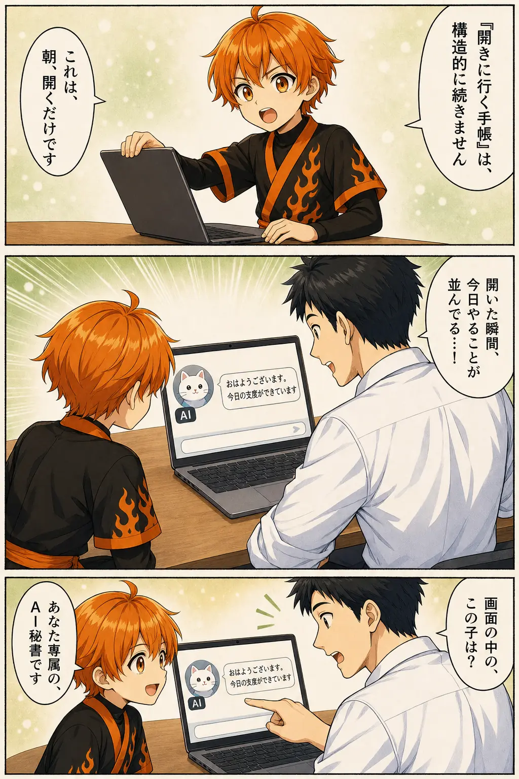漫画: 朝開くだけの手帳クローバーの画面を、リツトと主人公が肩越しに覗き込む。「あなた専属の、AI秘書です」